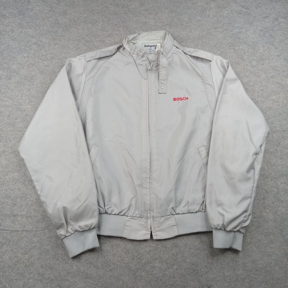Vintage Swingster Jacket Mens Medium Gray Nylon Bomber Full Zip Bosch‎ Logo USA